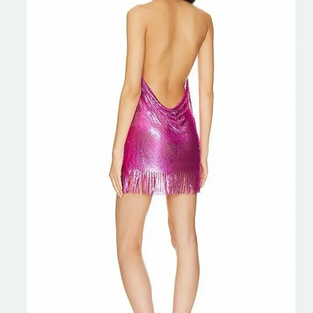8 Other Reasons Metallic Fuchsia Halter Fringe Mini Dress - Picture 2 of 7